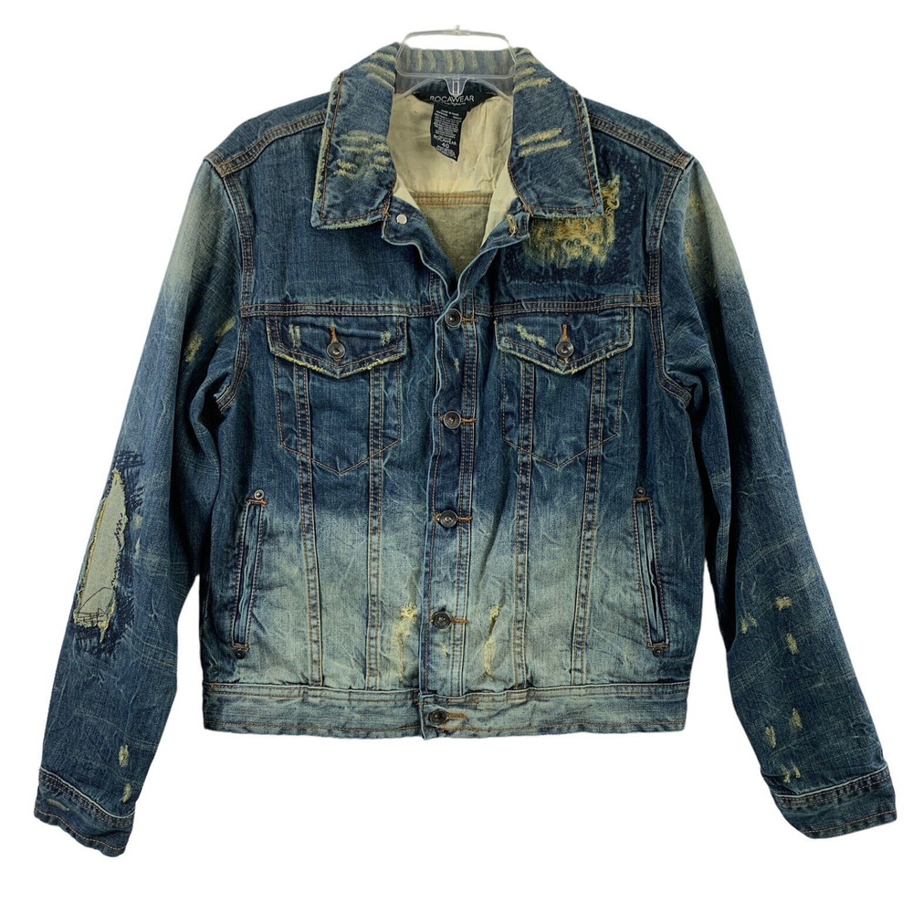Rocawear Denim Jacket Mens Size 40 Distressed Destroyed Trucker Hip Hop Grunge